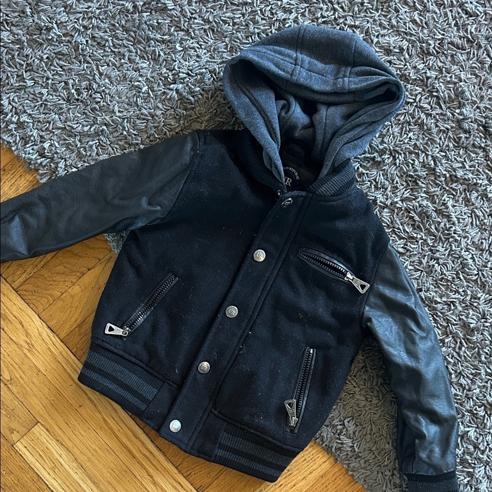 Urban Republic Kids Boys Black Hooded Jacket Faux Leather Sleeves  Size 5/6
